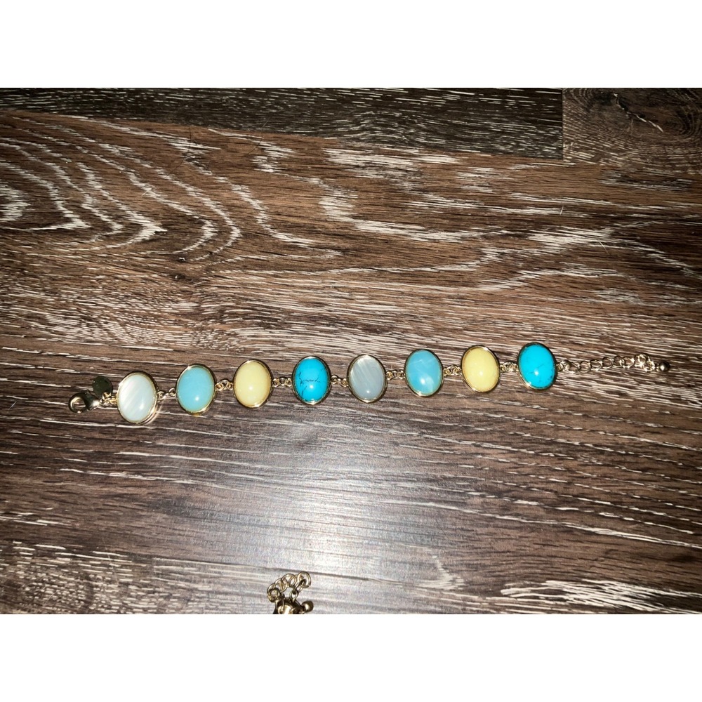 Bracelet Oval Cabochon Stone Bezel Set Adjustable Gold Tone Blue Opal